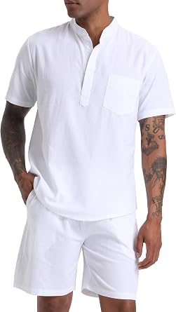 Mens Cotton Linen Set Henley Shirts Shorts outfits 2 Piece Beach Clothes Vacation Matching Suit Summer Wear
