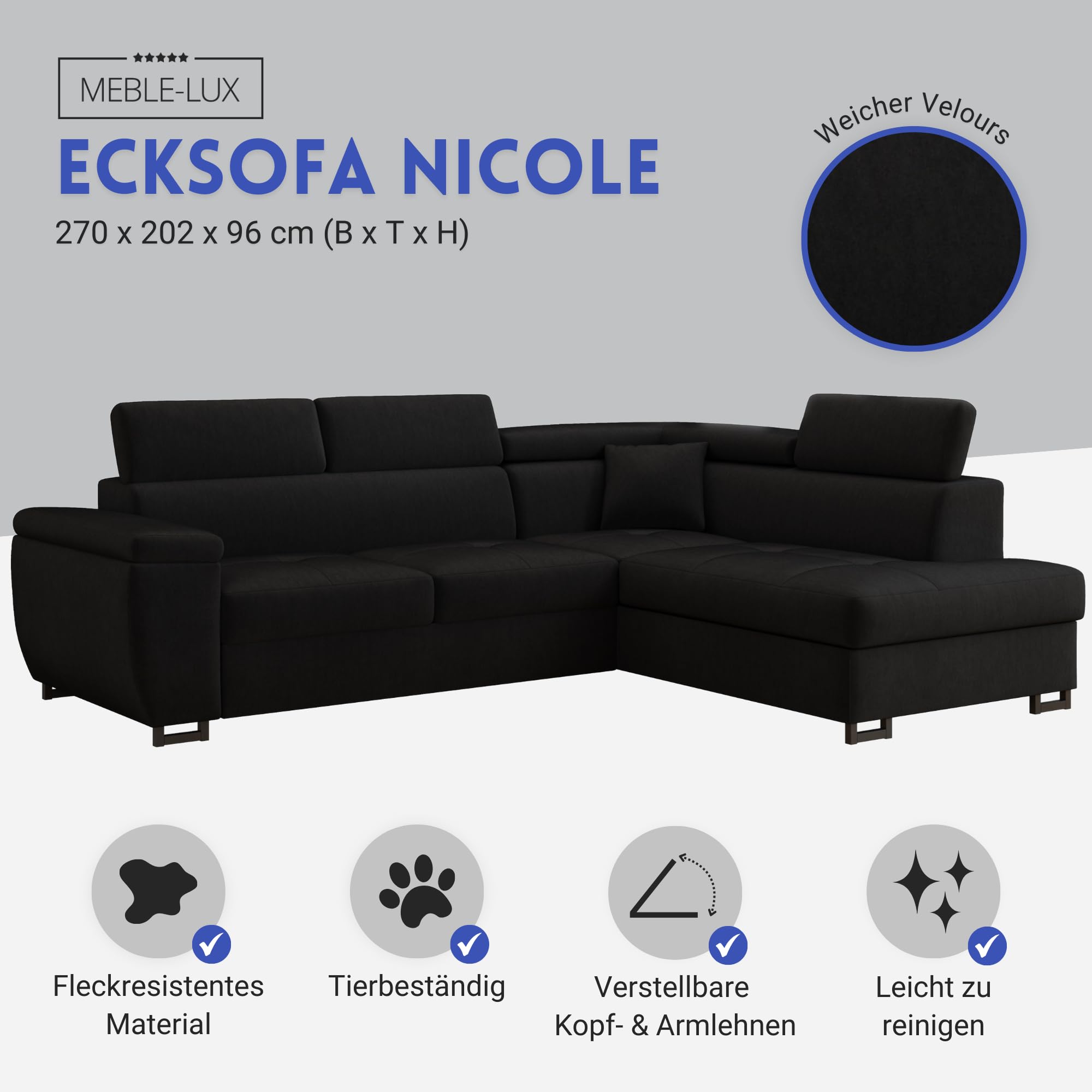 Ecksofa mit Schlaffunktion und Bettkasten Nicole 270x202x96cm (BxTxH) I Sofa L Form mit Verstellbare Kopfstützen I Eckcouch mit Schlaffunktion I Federkern I Sofa Schwarz Rechts