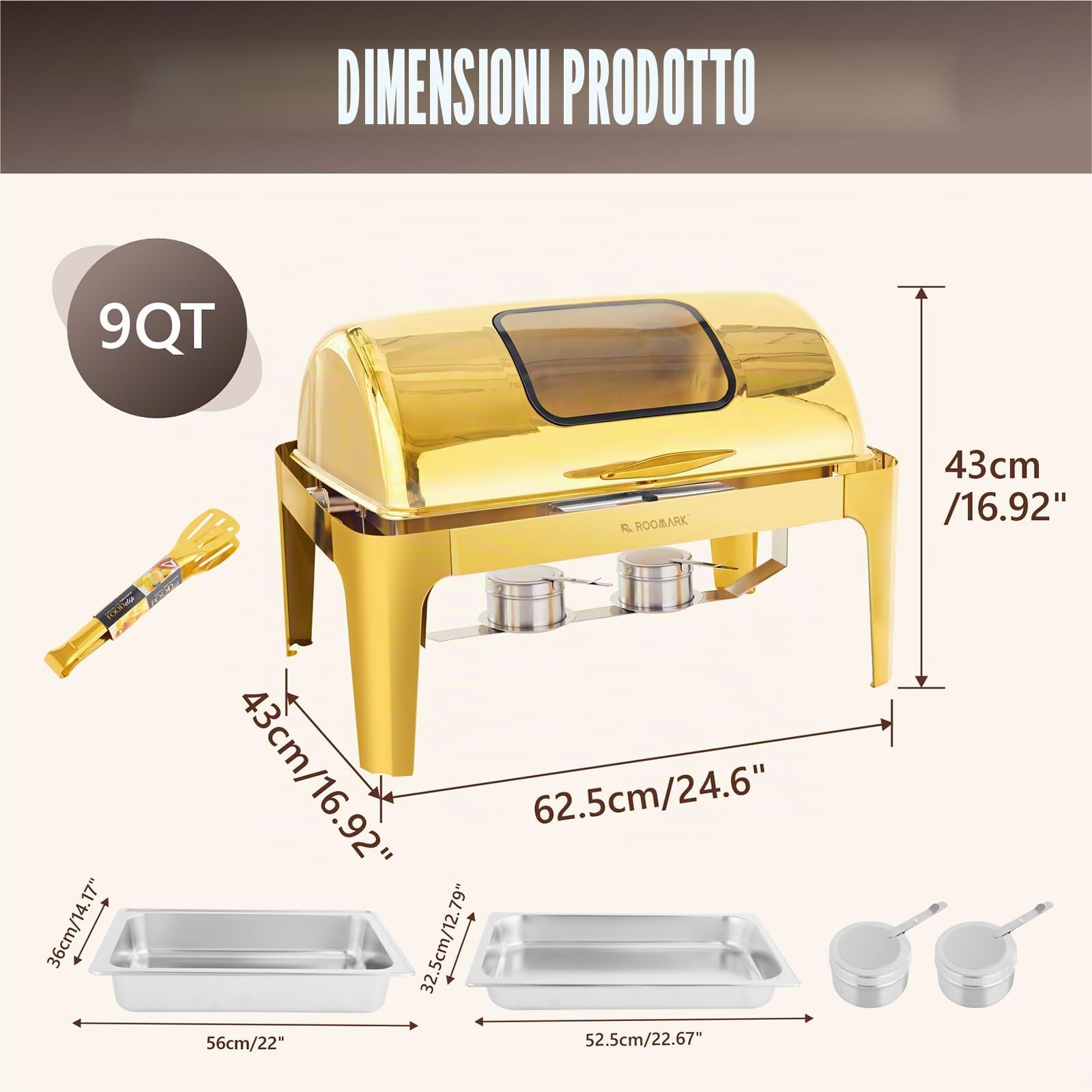 8,6L Roll Top Scaldavivande Catering Buffet Set,SS201 Rettangolo scalda vivande Elettrico Professionale, Armadio riscaldante per Alimenti per Catering, Buffet e Feste,Oro