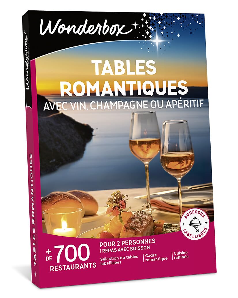Wonderbox - Tables Romantiques Avec Vin, Champagne Ou Apéritif - Coffret Cadeau - Idée Cadeau Gastronomie | 1 repas avec vin, champagne ou apéritif - Plus de 700 restaurants labellisés - Cuisine raffinée dans un cadre romantique