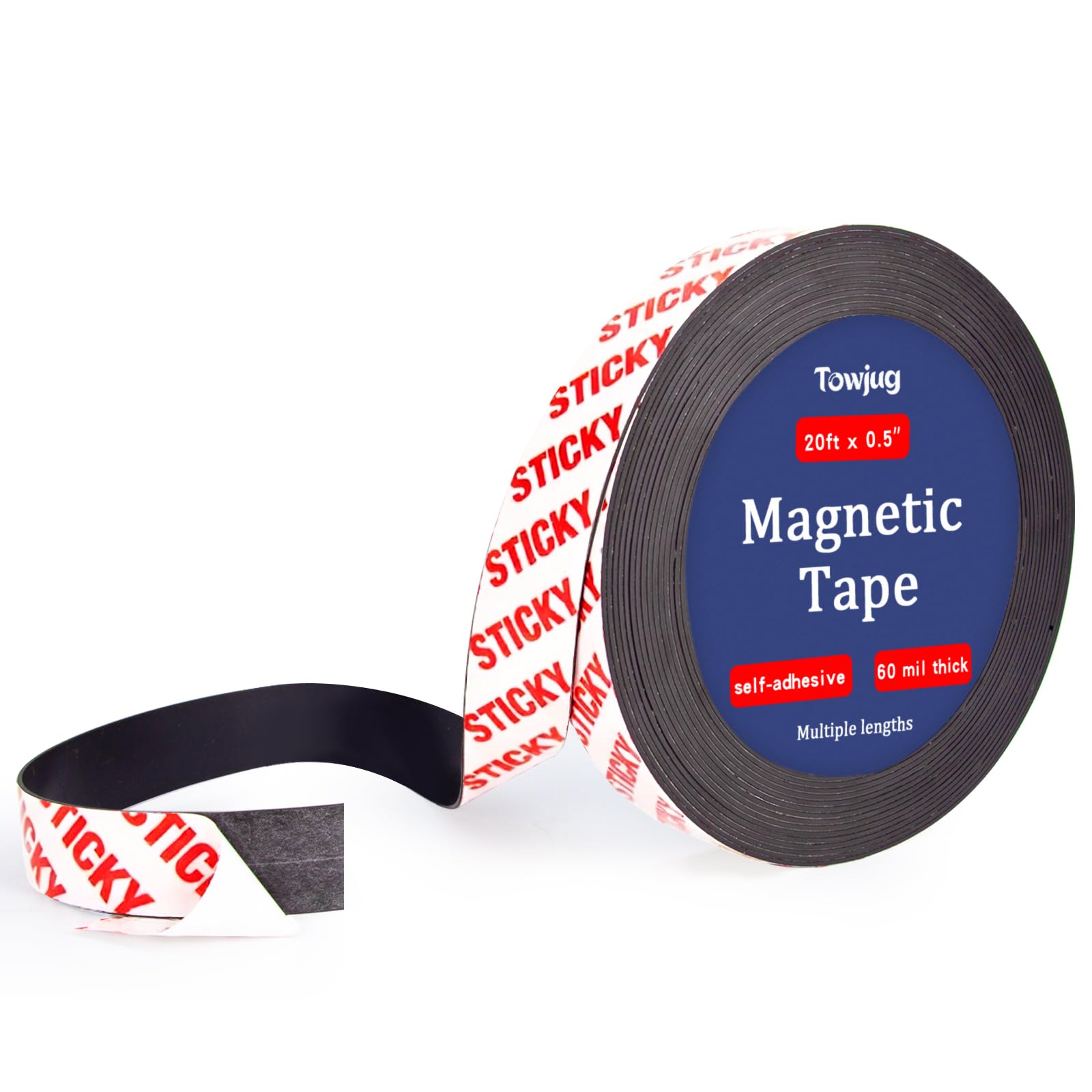Towjug Magnetic Tape 20ft x 1/2in Fridge Magnets with Adhesive Backing Roll