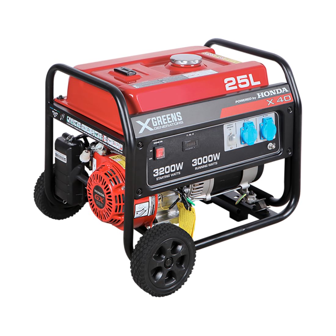 Generador de corriente (gasolina) X40 (máx. 3.000W, depósito 25 l, AVR, Powered by Honda, ruedas, alerta aceite, monofásico, 2 tomas 230V, protección térmica y panel digital)