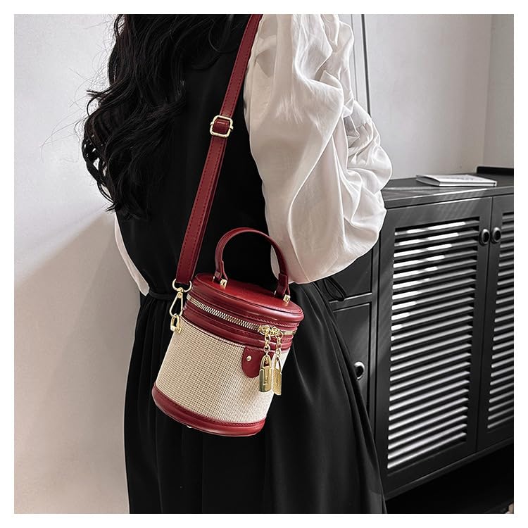 Image of Retro Bucket Bag Color Contrast Cylinder Purse | Senior Sense Style, Single Shoulder Crossbody, Zipper Closure, 4.7x6