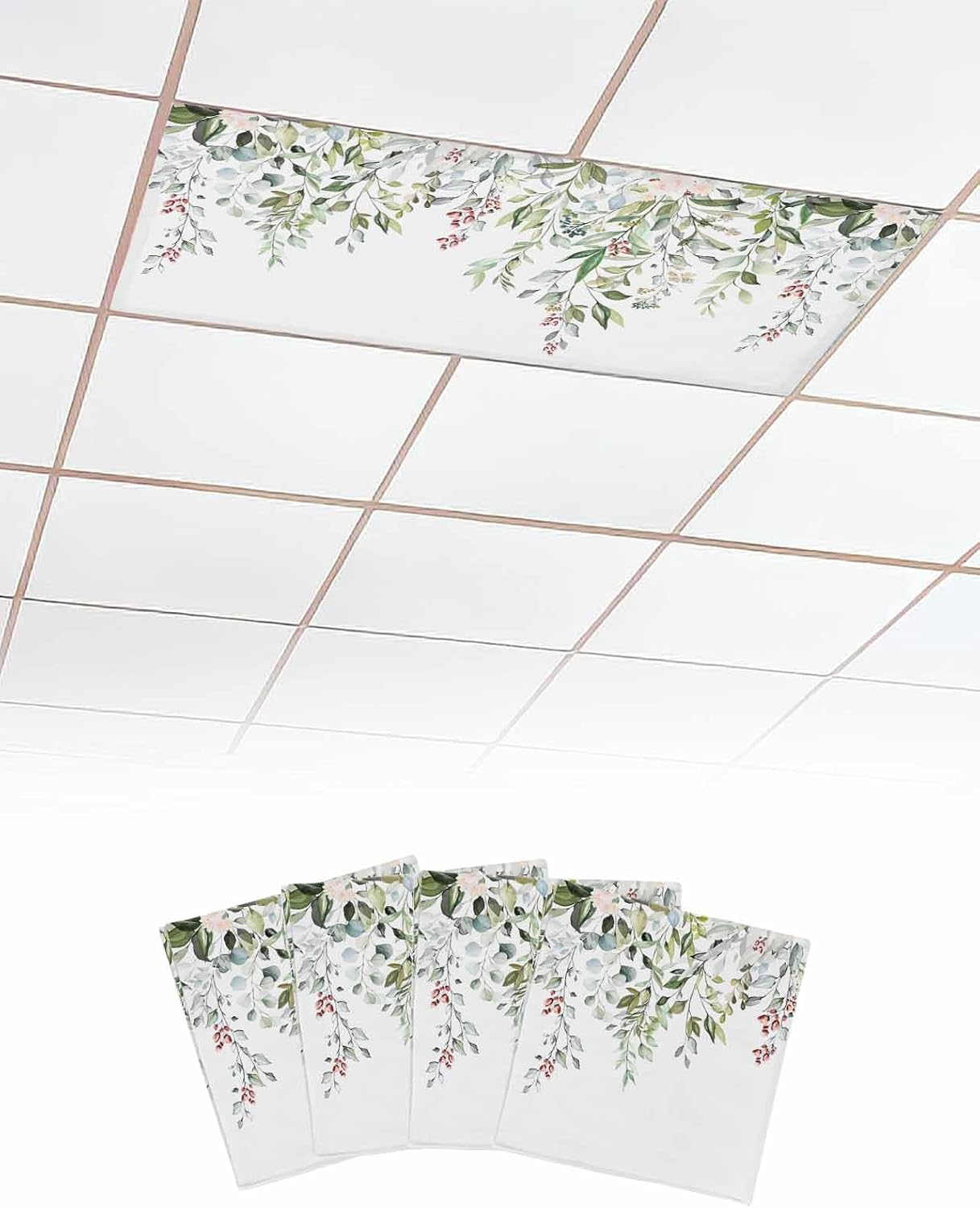 Eucalyptus Leaves 4 Pack Fluorescent Light Cover for Ceiling Lights, Sage Green Botanical Magnetic Classroom Light Filters 4x2 Feet, Summer Floral Decorative Ceiling Shade Panel for Office