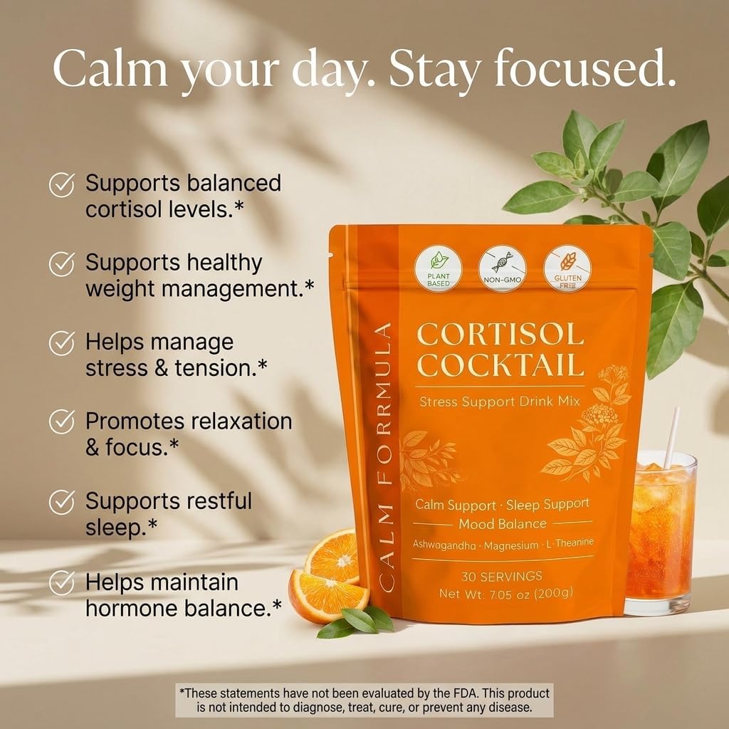 Cortisol Cocktail – Cortisol Support Supplement for Women, with Ashwagandha, Magnesium & L-Theanine Blend, Daily Stress Support, Relaxation Formula & Sleep Support, 30 Servings