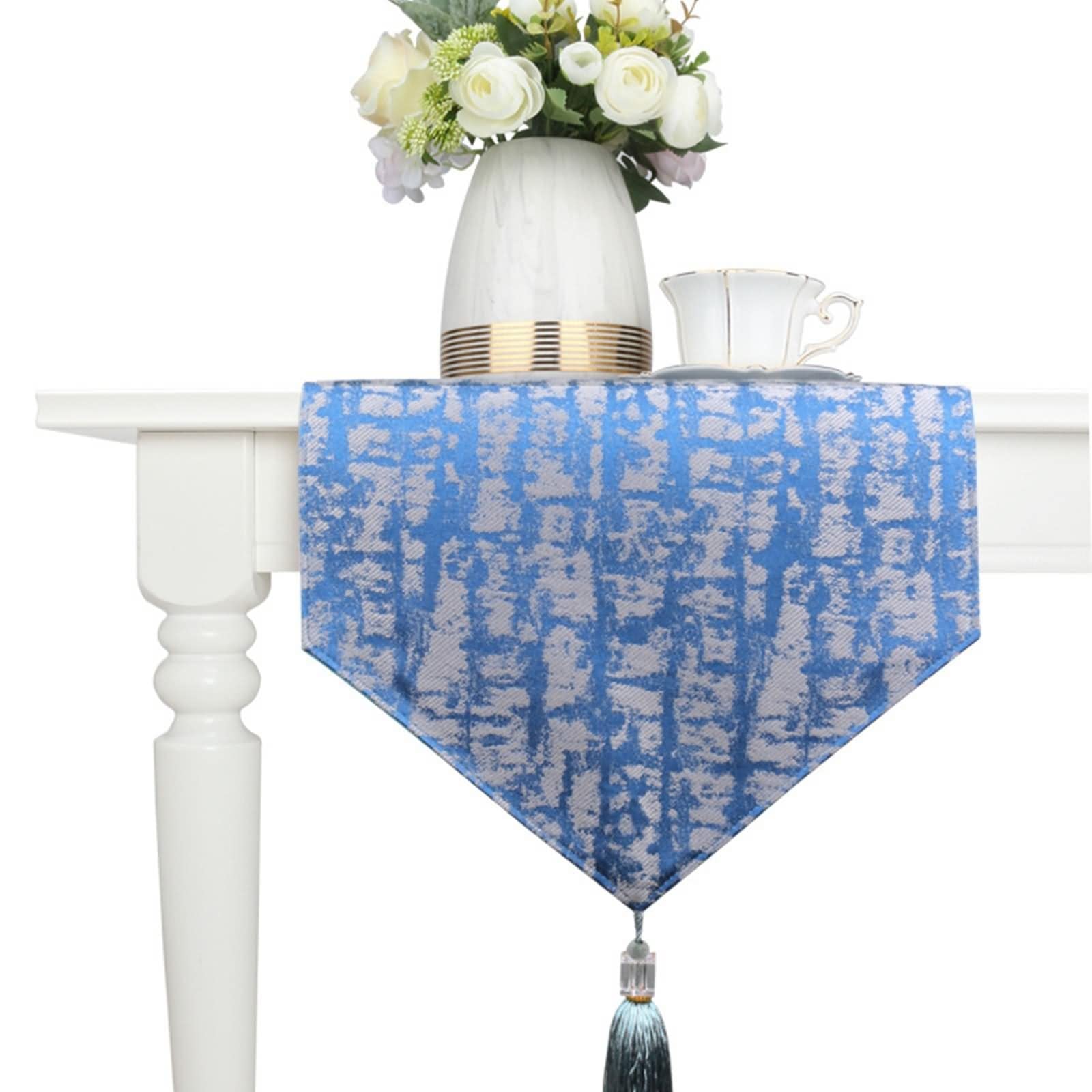 Camino de Mesa Navideño, Centros Decorativos de Mesa Boda Patrón Abstracto de Triángulo Borla Azul Zafiro Algodón 35x228CM