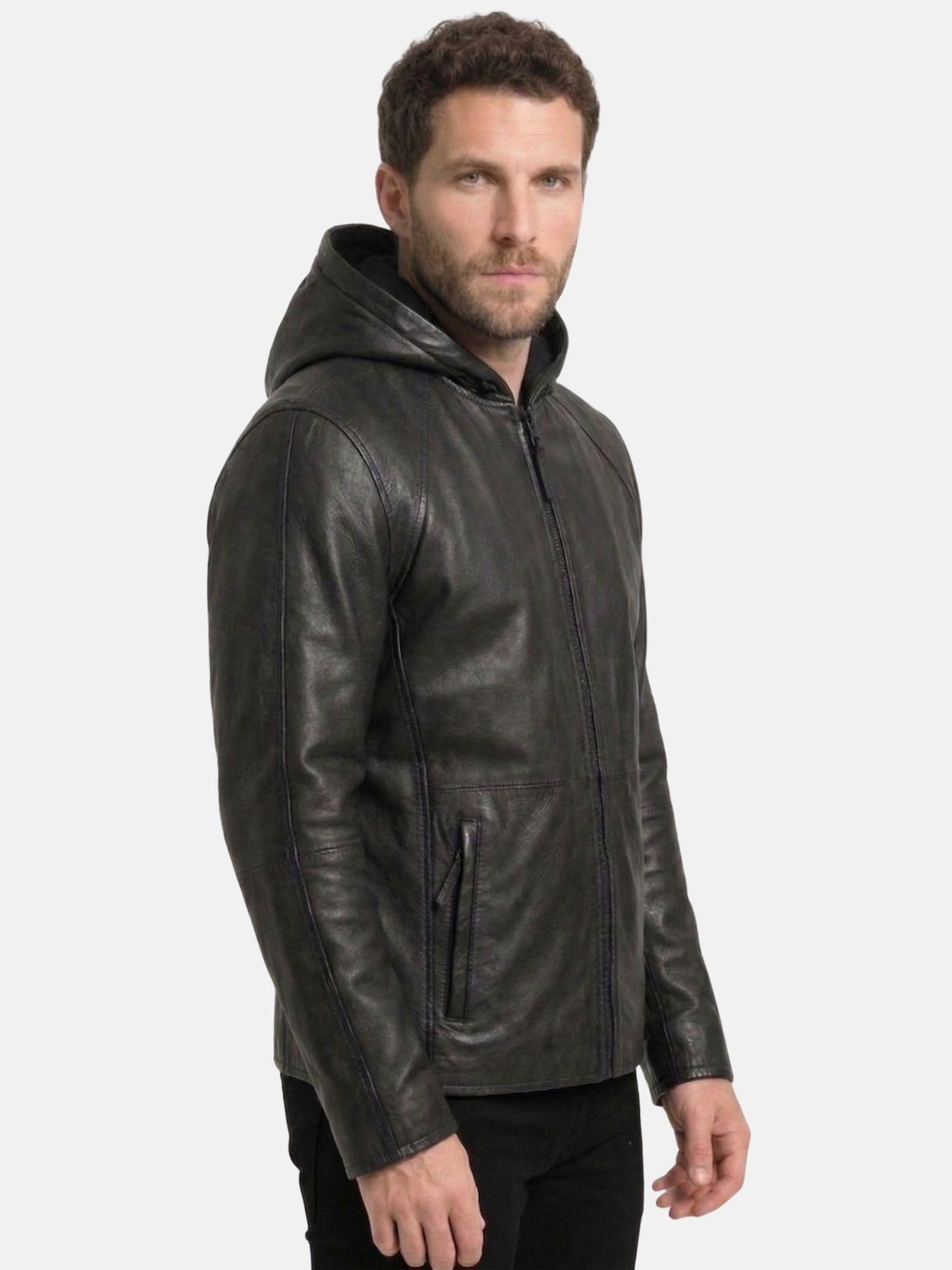 Tazzio Herren Lederjacke Regular Fit - mit Kapuze, Reißverschluss, Teilungsnähte, A805