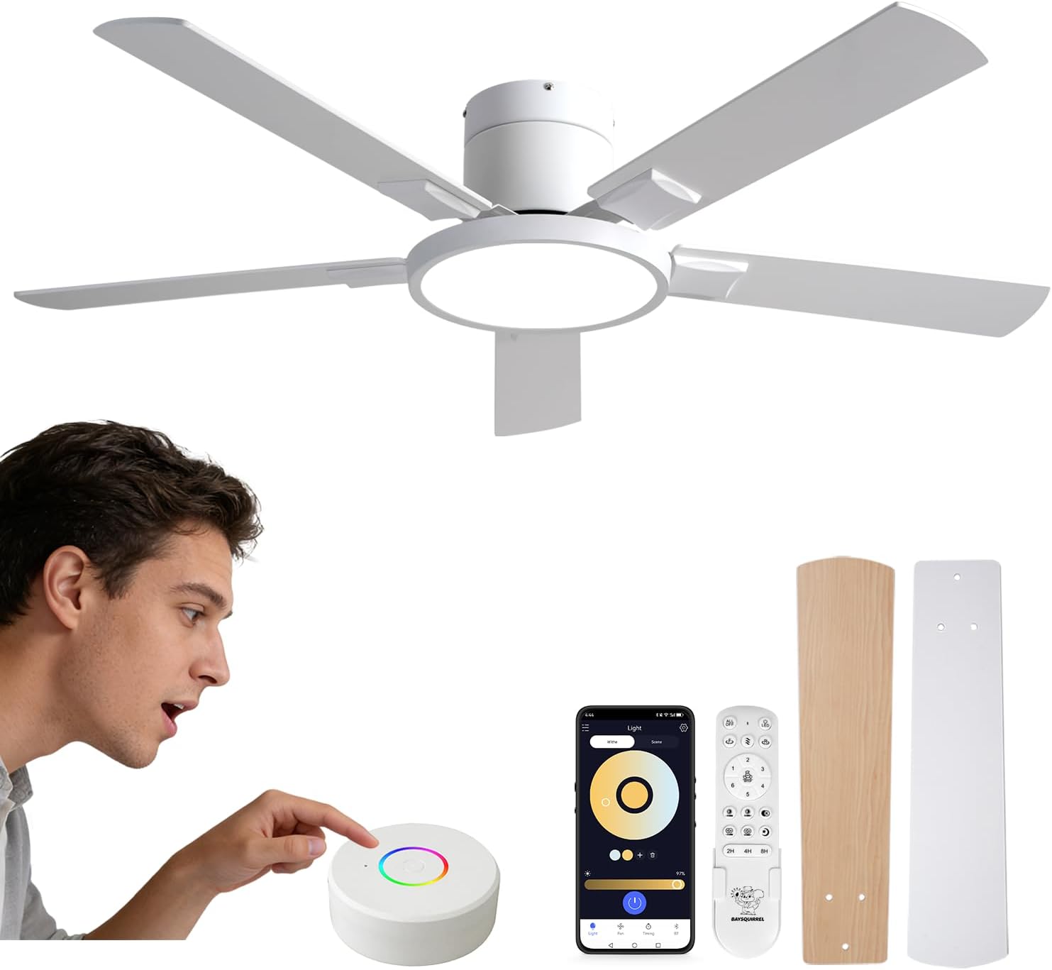 BAYSQUIRREL Smart Ceiling Fans with Lights, Flush Mount Low Profile Fan, Offline Voice & APP Remote Control, 6 Speed Reversible Blades, Dimmable LED Lighting for Bedroom Living Room 52 Inch