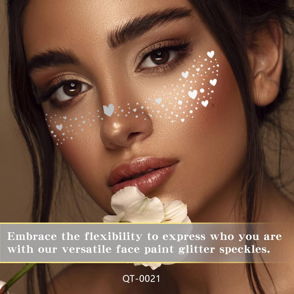 XZMeiLun 8Ps Face Glitter Speckles Patches, Silver Glitter Freckles Face Tattoo, Glow Up Makeup Patches, Cute Glitter Makeup Accessories for Women, Cosmetic Glitter for Face Gift