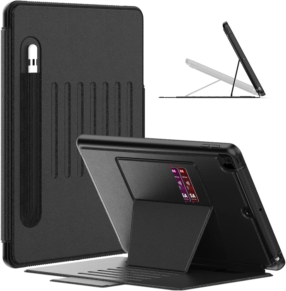 for iPad 9th/8th/7th Generation Case 10.2'', Thin, Strong Magnetic Stand Cover with Absorbing Multi-Angles Stand, Pen Holder, Card Slot for iPad 10.2 Inch 2021/2020/2019(Black)