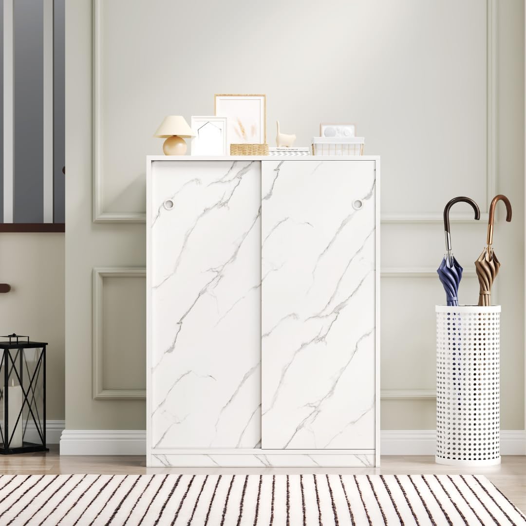 6-Tier Marble White Shoe Cabinet with Sliding Doors, Minimalist Shoe Storage Organizer for 30+ Pairs of Shoes, Adjustable Shelves Entryway Cabinet for Hallway, Living Room & Closet (White)