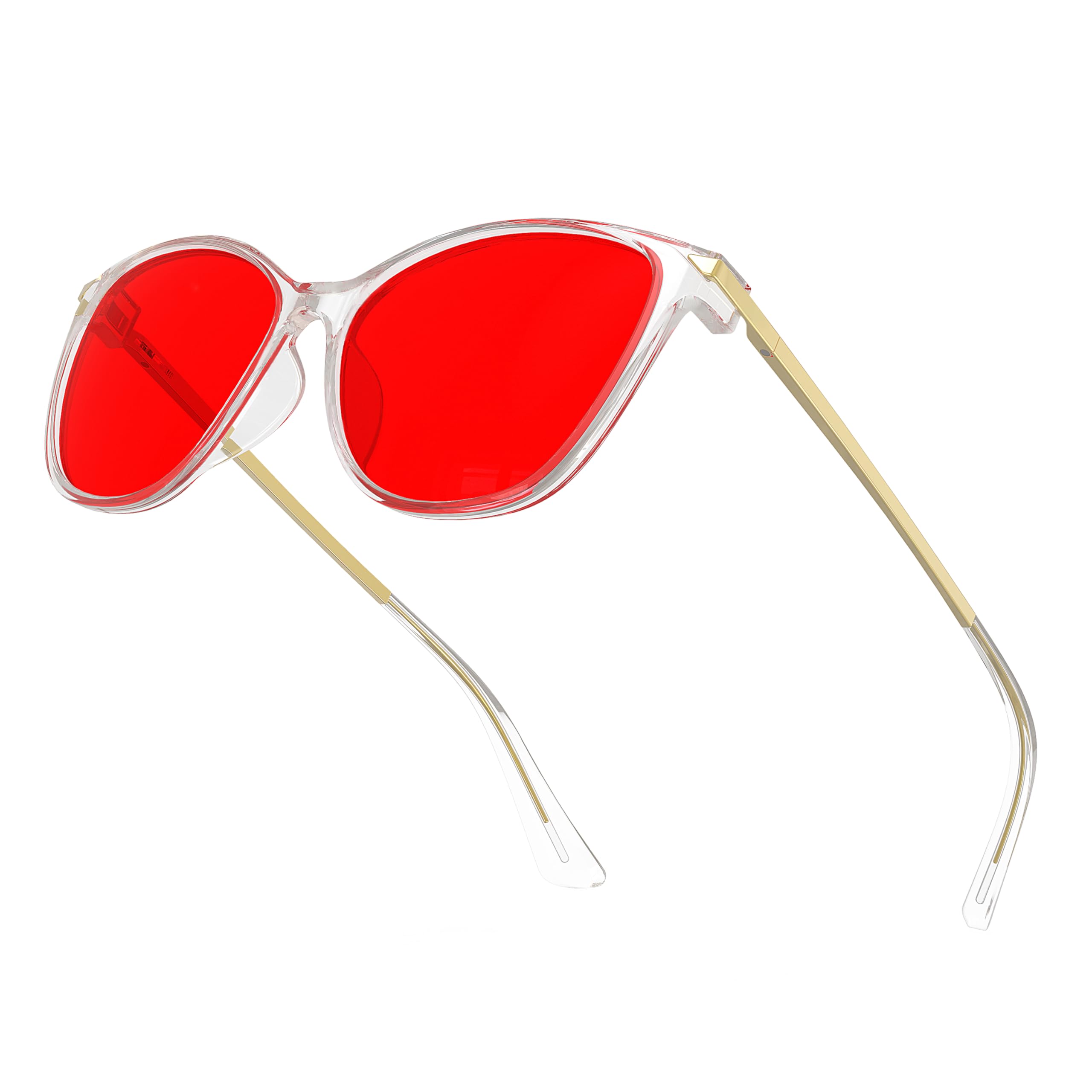 Bloomoak Gafas para Dormir con Lente Rojo Oscuro, Montura Cat Eye Grande y Elegante, Bloqueo 100% de Luz Azul y Verde, Antifatiga Ocular para Mujer (Marco transparente)