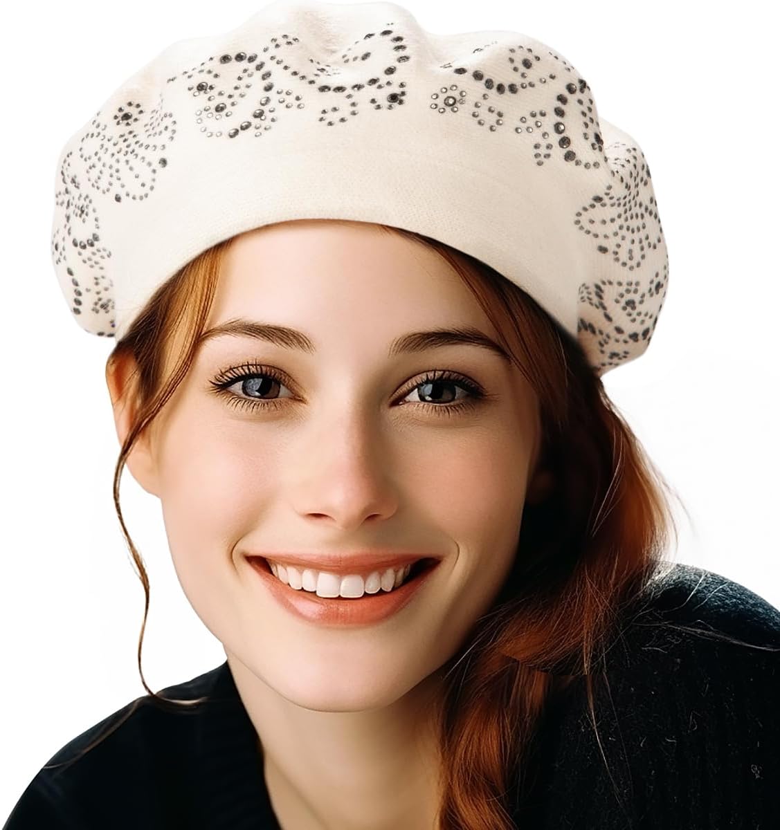 LADYBRO Rhinestone Beret Hats for Women 2 Layers Wool French Knit Cap Lady Winter Black