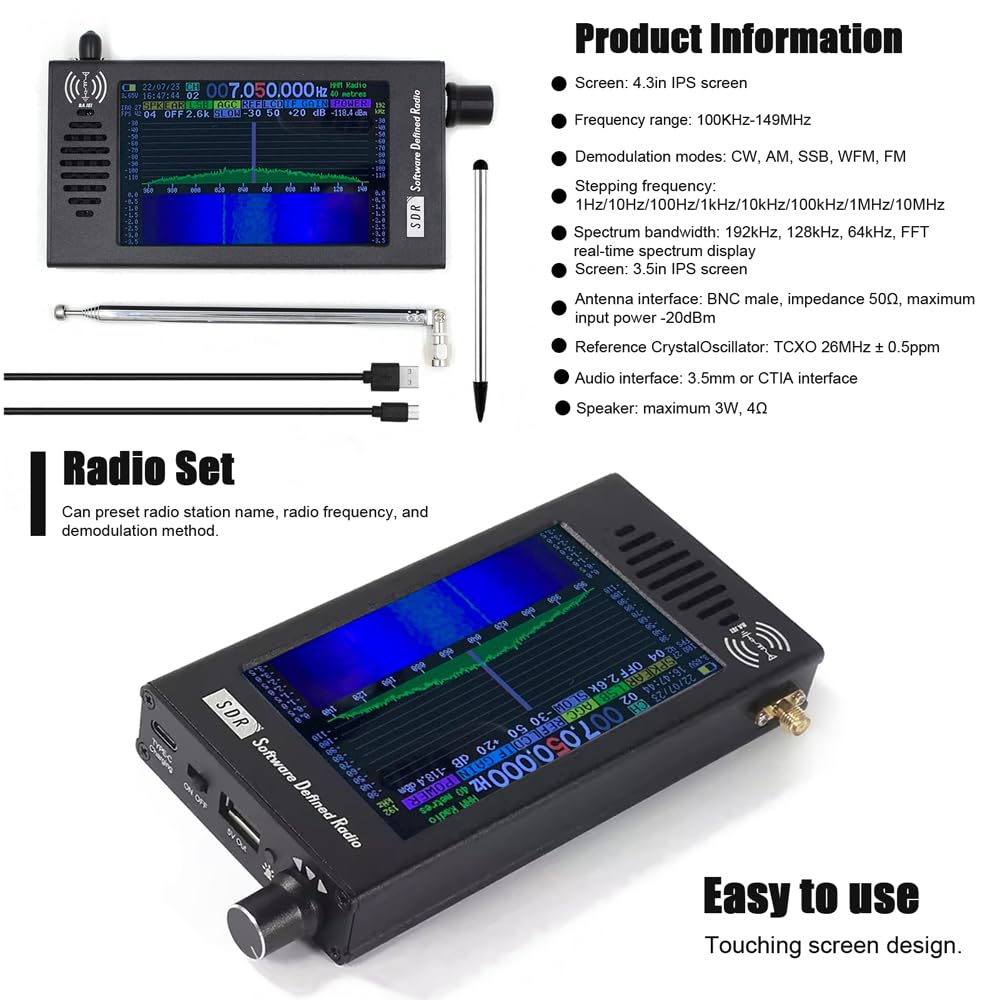 Recepción Profesional de Radio Portátil de 4.3 Pulgadas con Pantalla IPS, Batería de 5000 MA, 99 Canales, Radio de Antena de Onda Corta para Bandas Am/FM, Pantalla de Espectro