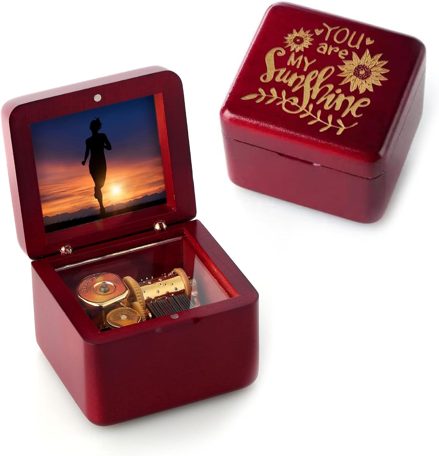 Natural Solid Wood Laser Engraved Vintage Clockwork Music Box Mini Photo Frame Musical Box Mother's Day Children's Day Valentine's Day Christmas Birthday Gift（Melody：Fly me to The Moon-Type1