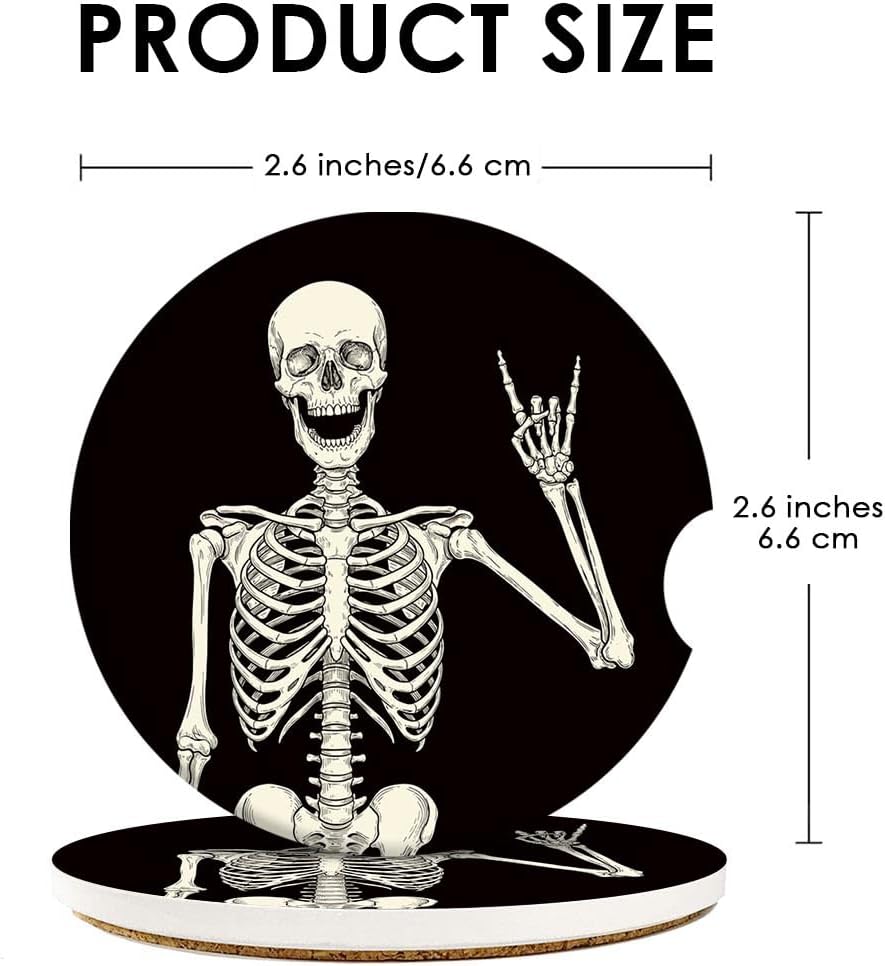 Britimes Absorbent Car Coasters 2 Pack for Cup Holders, 2.56" Ceramic Stone & Non-Scratch Cork Base Drink Coasters Human Skeleton - Image 6