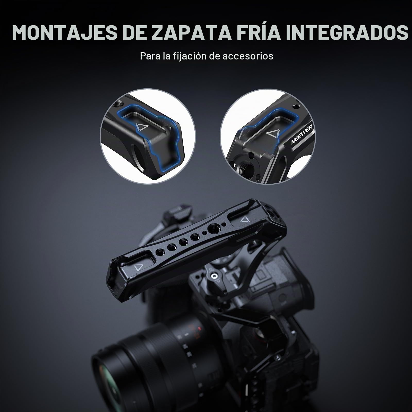 NEEWER Mango superior de cámara con tornillo de ala de 3/8 pulgadas y pasadores de localización para ARRI, agarre de silicona antideslizante con roscas de 1/4 y 3/8 pulgadas, zapatos fríos, compatible