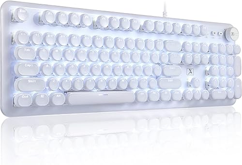 Teclado para juegos con estilo de máquina de escribir retro punk. Interruptor azul, elegante retroiluminación blanca y teclado mecánico blanco, USB