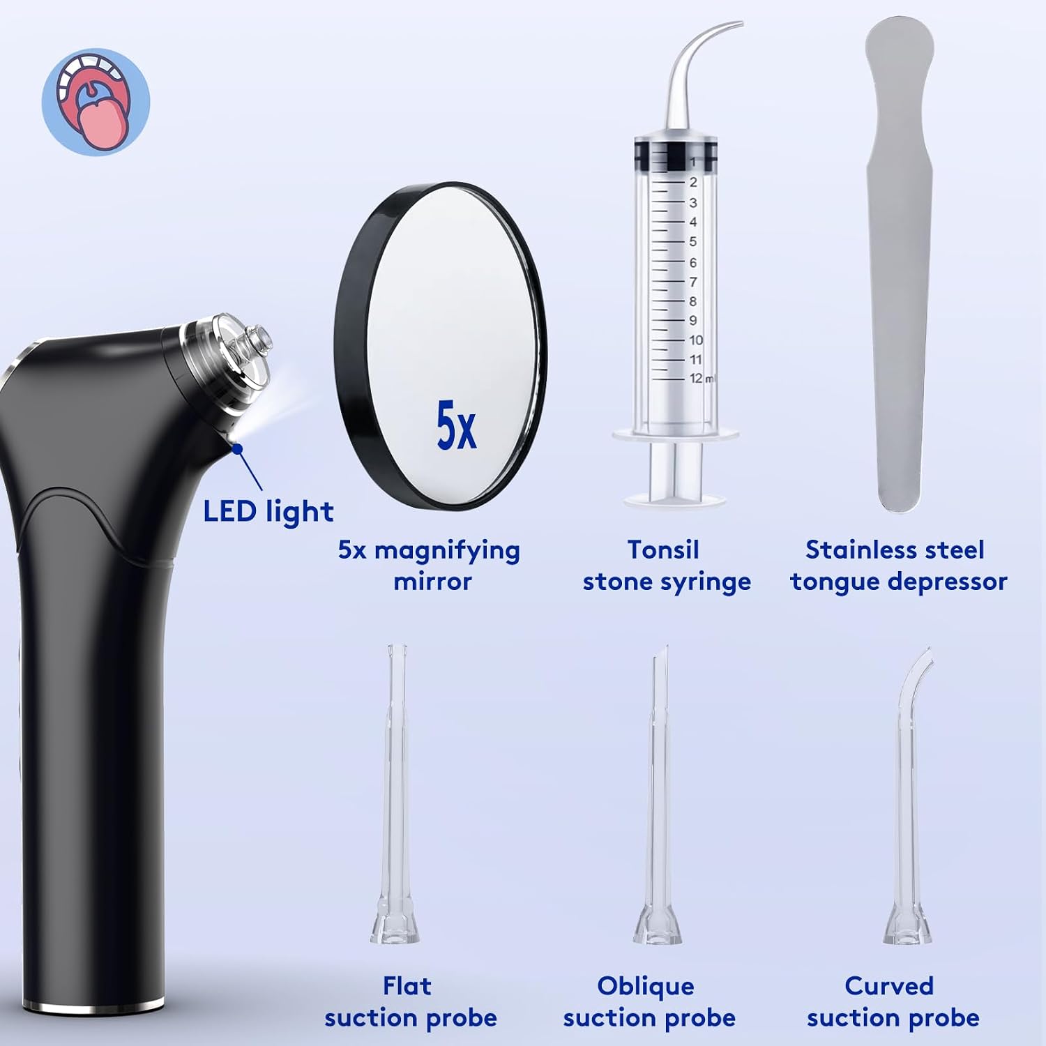 Electric Tonsil Stone Vacuum Remover - Upgraded Tonsil Stone Vacuum with LED Light, 3 Suction Modes, 5X Magnifying Mirror, 3X Silicone Probes Instant Suction Tonsil Stone Removal (Black)