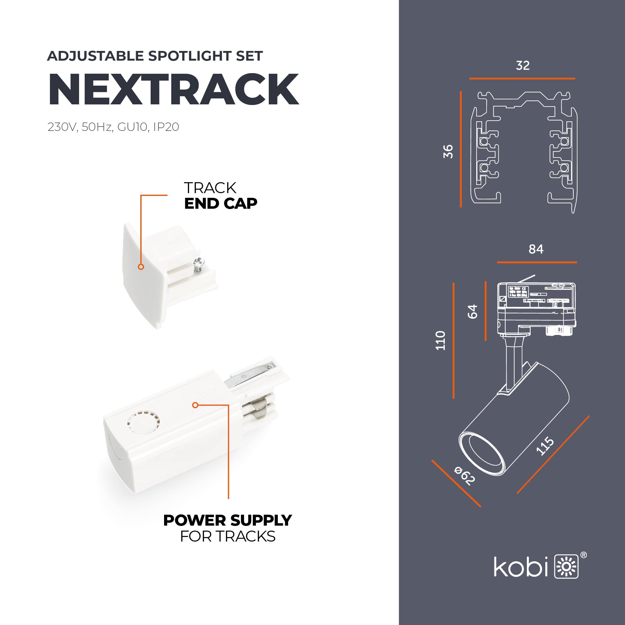 3-Phasen-Schienenset NEXTRACK - Schienensystem Komplett-Set mit 3x GU10 Lampe und Schiene, Stromversorgung + Kappe (Weiß, Schiene 1 Meter)