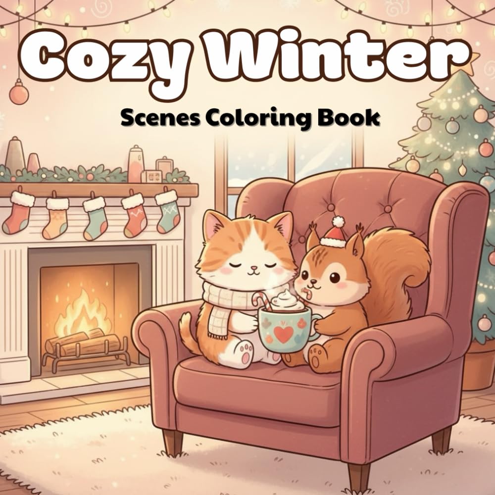 Cozy Winter Scenes Coloring Book: Cute animal designs with cozy winter moments and tropical beach scenes in a simple, easy-to-color book for kids, teens, and adults.