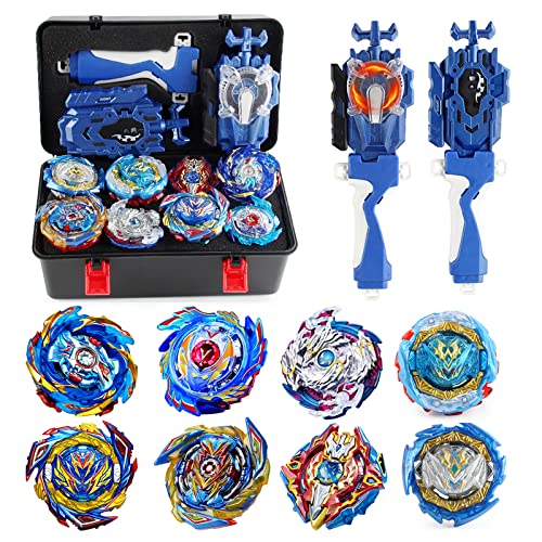 Baybledas Lot De 8 Toupies De Combat avec 2 Turbos Turbo Lanceurs Tourbillonnés Gyroscopique Boîte, Bleu Battle Set Jouets Classiques pour Enfants Cover
