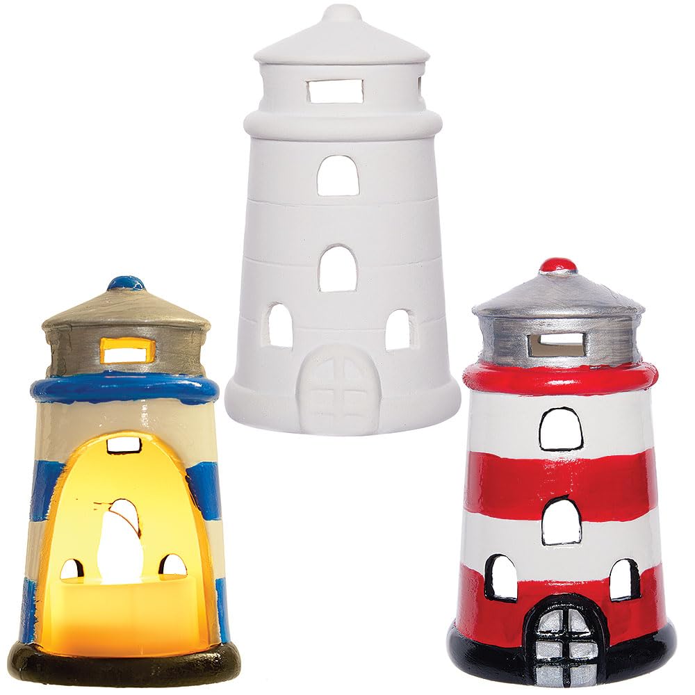 Baker Ross VC169 Lighthouse Ceramic Tealight Holders - Pack of 2, Paint-Your-Own Lighthouse Candle Holders