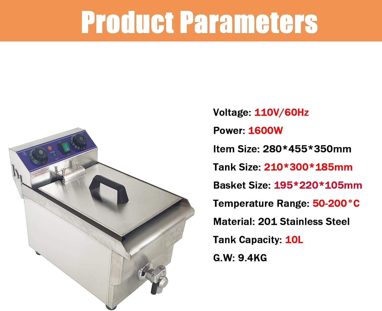 Electric Deep Fryer 10L Stainless Steel Countertop Fryer with Basket and Oil Nozzle for Restaurant Snack Bar 50-200°C 110V 1600W