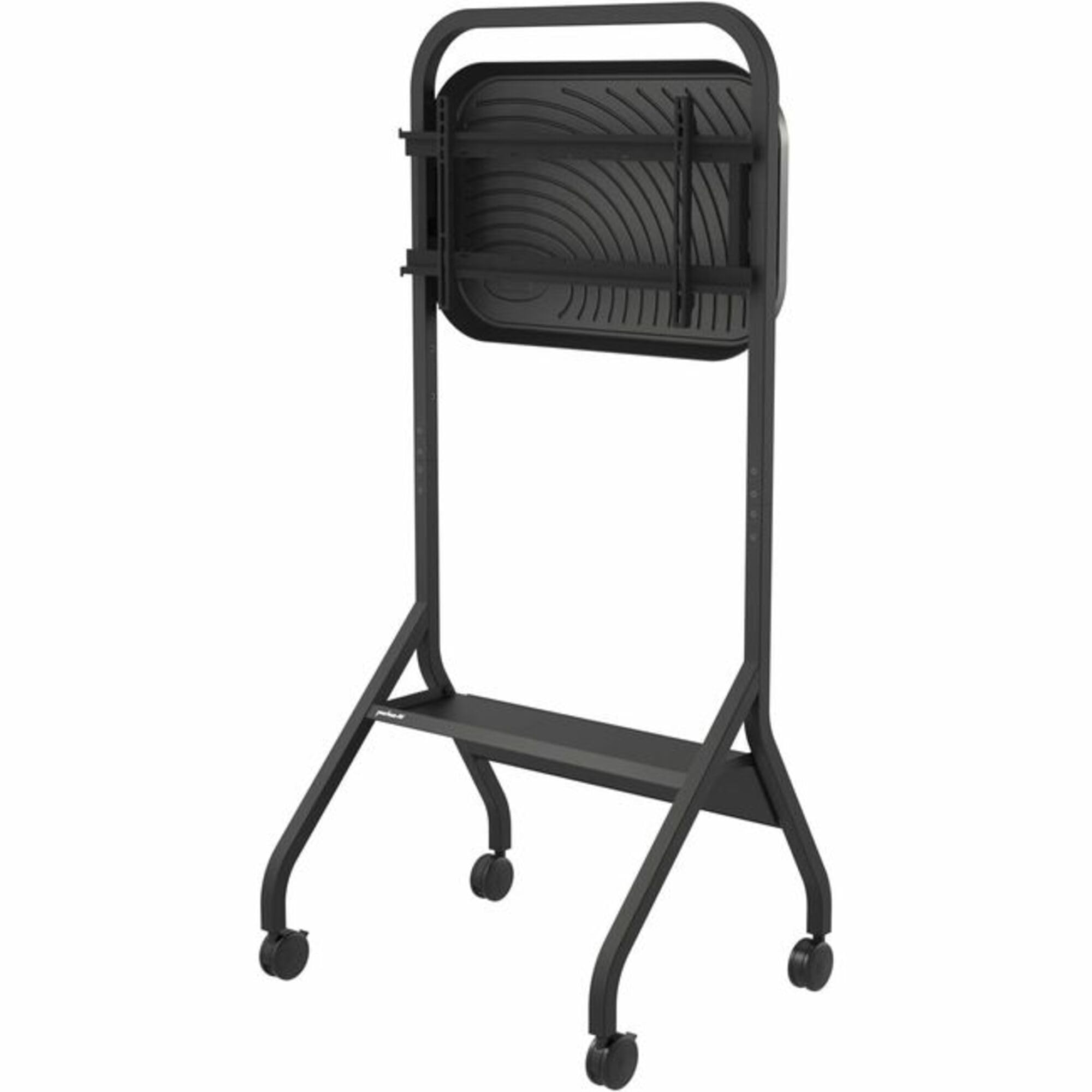 Peerless-AV SR860 SmartMount Flat Panel Cart with a large display mounted, showing its mobile design and accessory shelf.