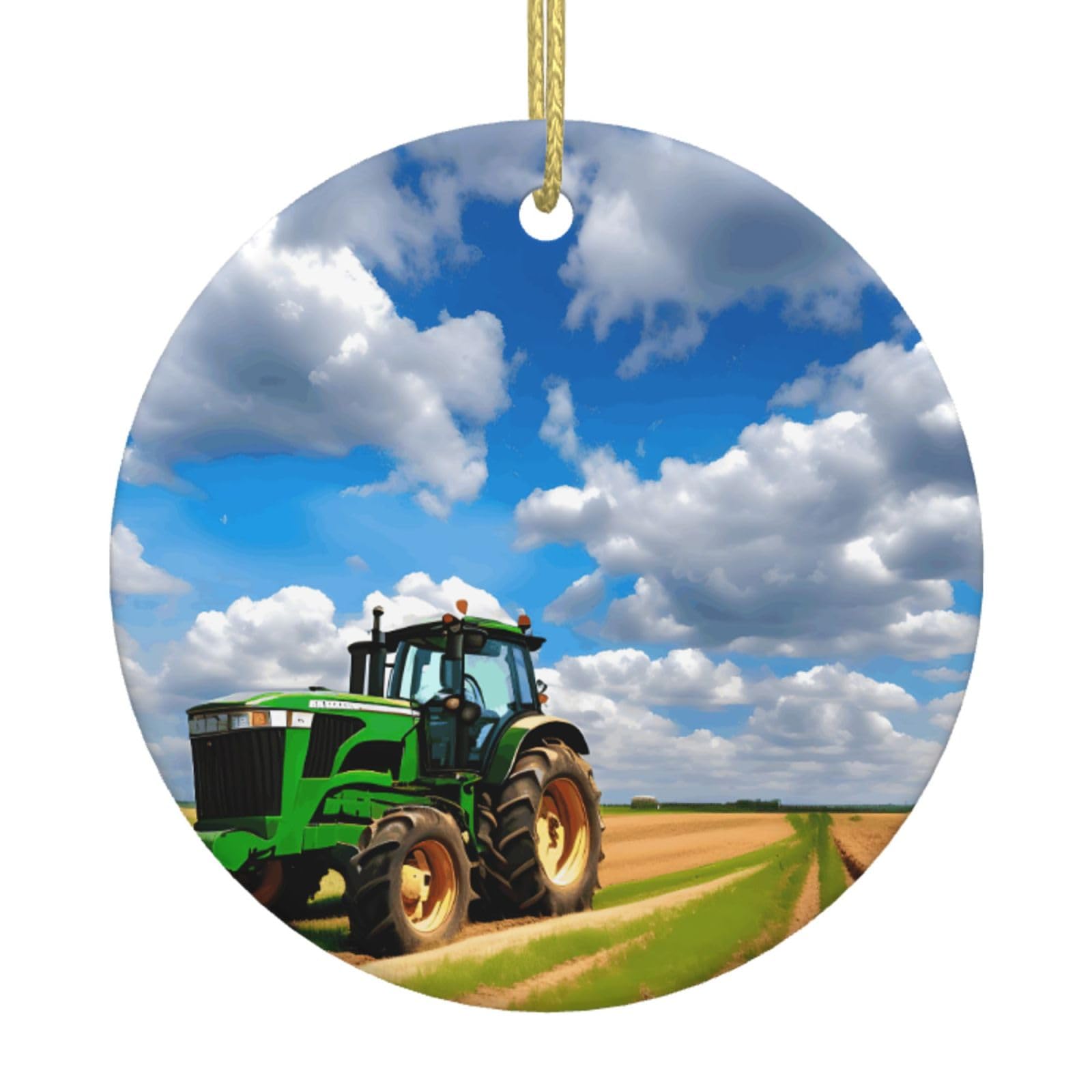 Tractor Under Blue Sky And White Clouds Print Christmas Ornaments, Ceramic Hanging Ornament, Round Shape Decorations