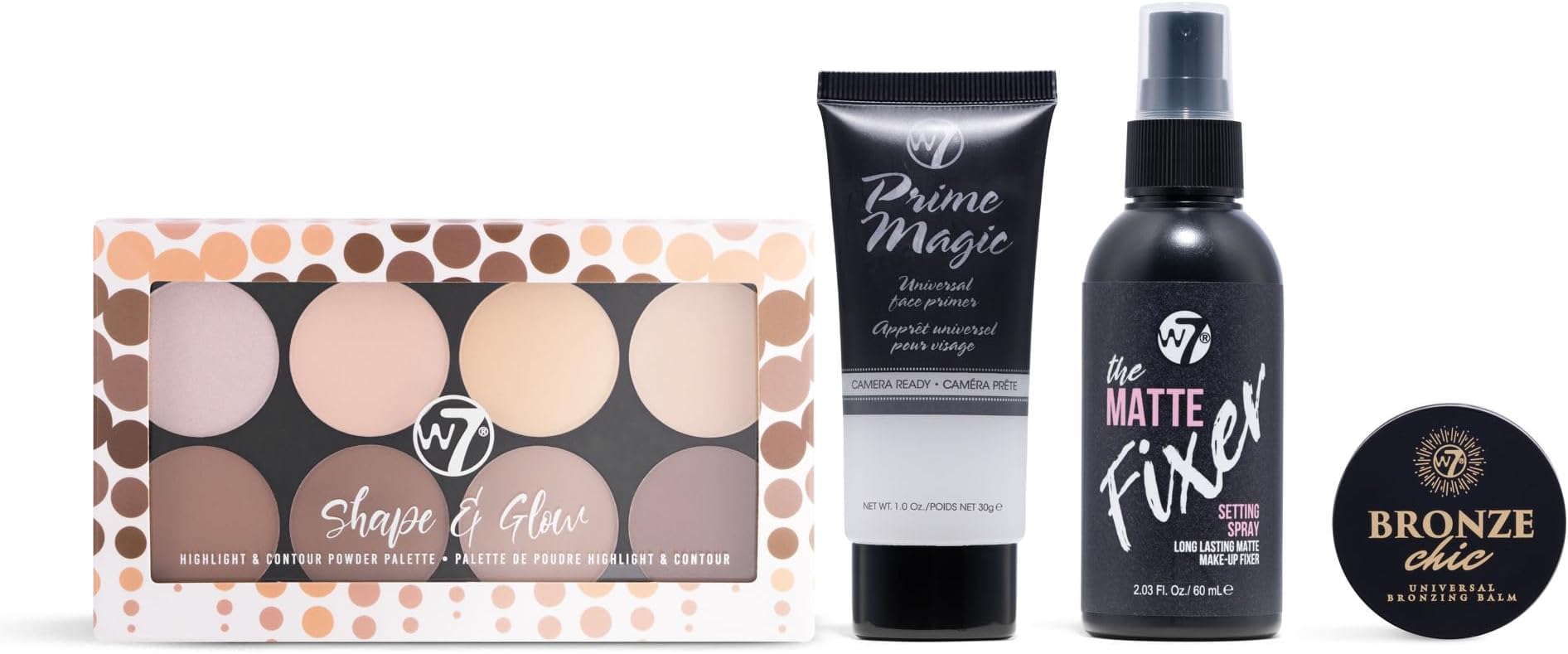 W7 Shape & Glow Makeup Set - Matte Finish - 4 Piece Set - Bronze, Contour & Secure
