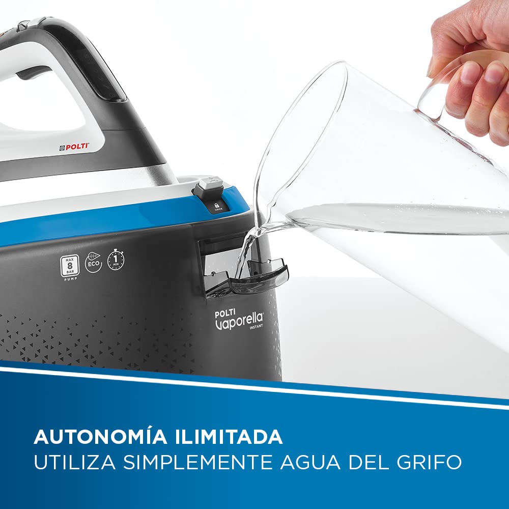 Polti Vaporella Instant VI50.40, Plancha Generadora de Vapor, Tecnología de Vapor Instantáneo Patentada, Potencia Máxima 2200 W, Capacidad 2 L, 4 Programas de Planchado, Función Eco, Gris y Azul