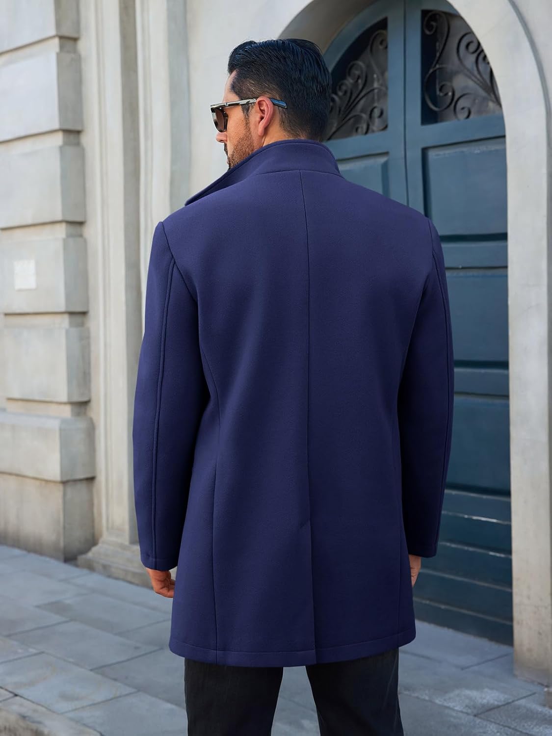 Runcati Mens Pea Coats Single Breasted Stand Collar Casual Slim Fit Trench Coat Mid Long Winter Overcoat with Pockets