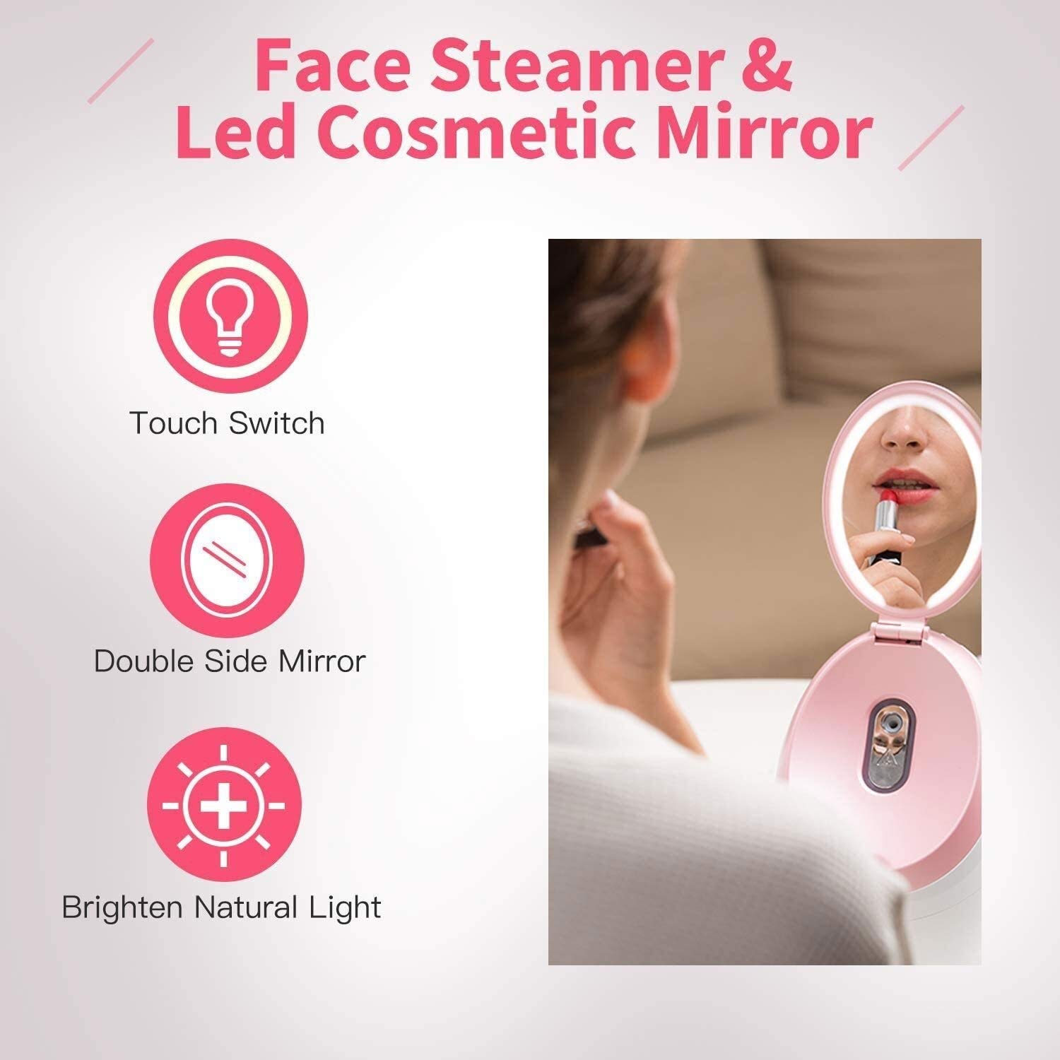 Nano Mist Face Steamer - Ciepła Mgiełka Spa do twarzy Parowiec z lusterkiem do makijażu LED - Domowy nawilżacz do sauny Głębokie nawilżanie - Zaskórniki Usuń pory oczyszczają