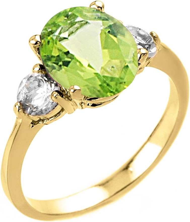 Elegant 14k Yellow Gold Oval Shape Peridot with White Topaz 3-Stone Engagement Ring