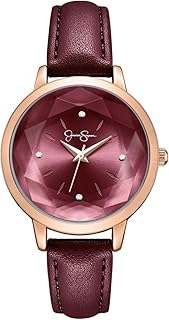Jessica Simpson Women's Leather Band Watch, Round Faceted Crystal Dial, Classic Quartz Movement, Elegant Dress Watch for Women