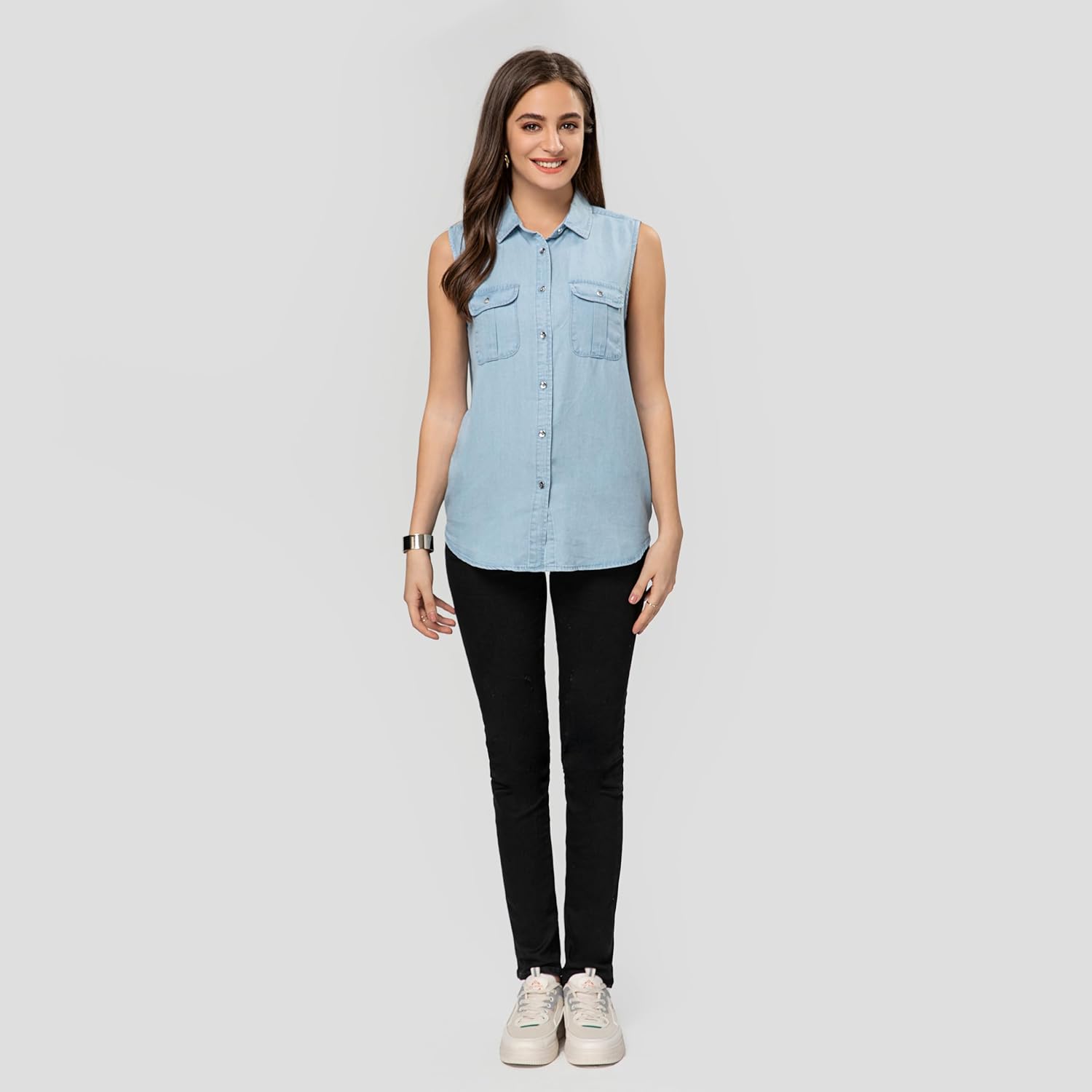 FASHIONSPARK Sleeveless Denim Tops for Women Button Down Denim Shirt Chambray Jean Tank Top Lightweight Blouses - Image 5
