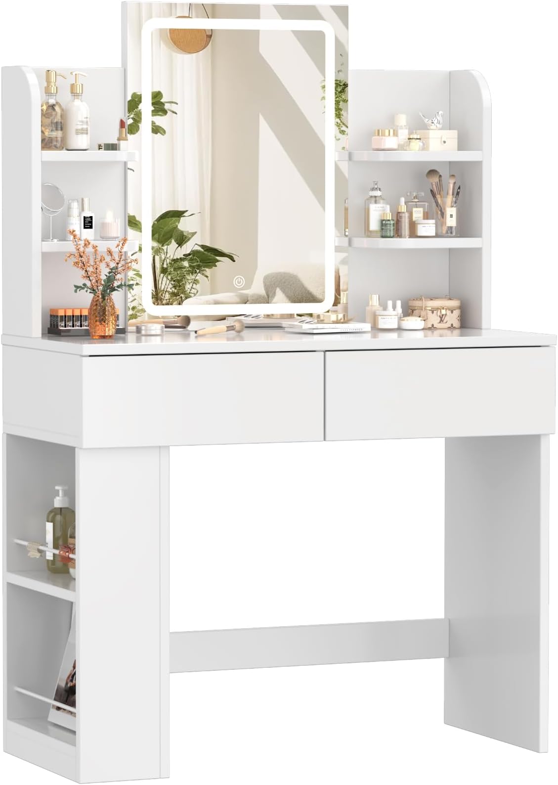 Coiffeuse Avec Grand Miroir LED Luminosité Réglable FIONESO - Table De Maquillage Blanc 2 Tiroirs 2 Armoires