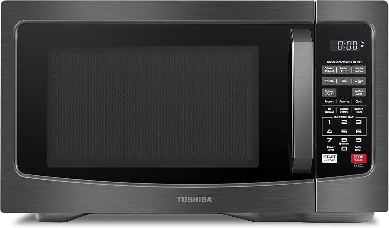 Horno microondas de encimera TOSHIBA, 1,2 pies cúbicos, 1000 W, negro | Plato giratorio extraíble de 12,4", sensor de humedad inteligente, 12 menús automáticos, función de silencio, modo ECO, interior fácil de limpiar