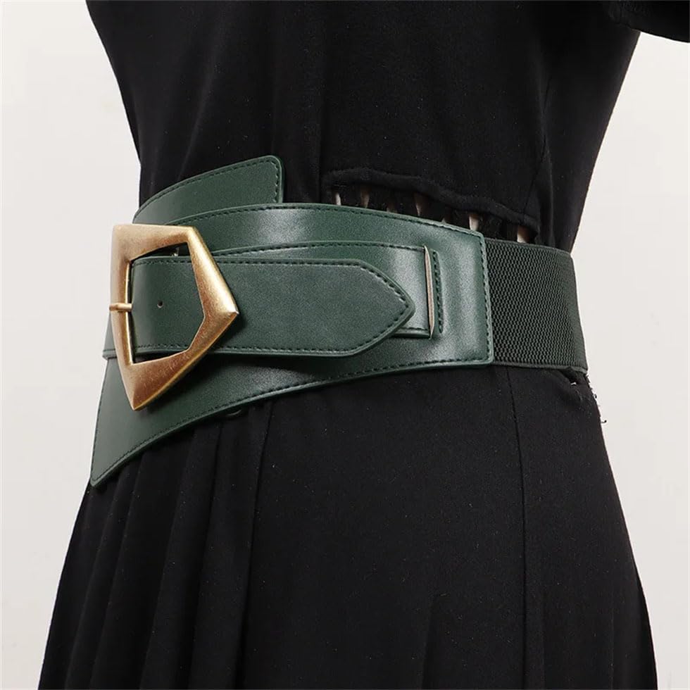 Pohullan Women Pu Elastic Leather Wide Belt Metal Buckle Waist Belt Dress Belt Accessories3