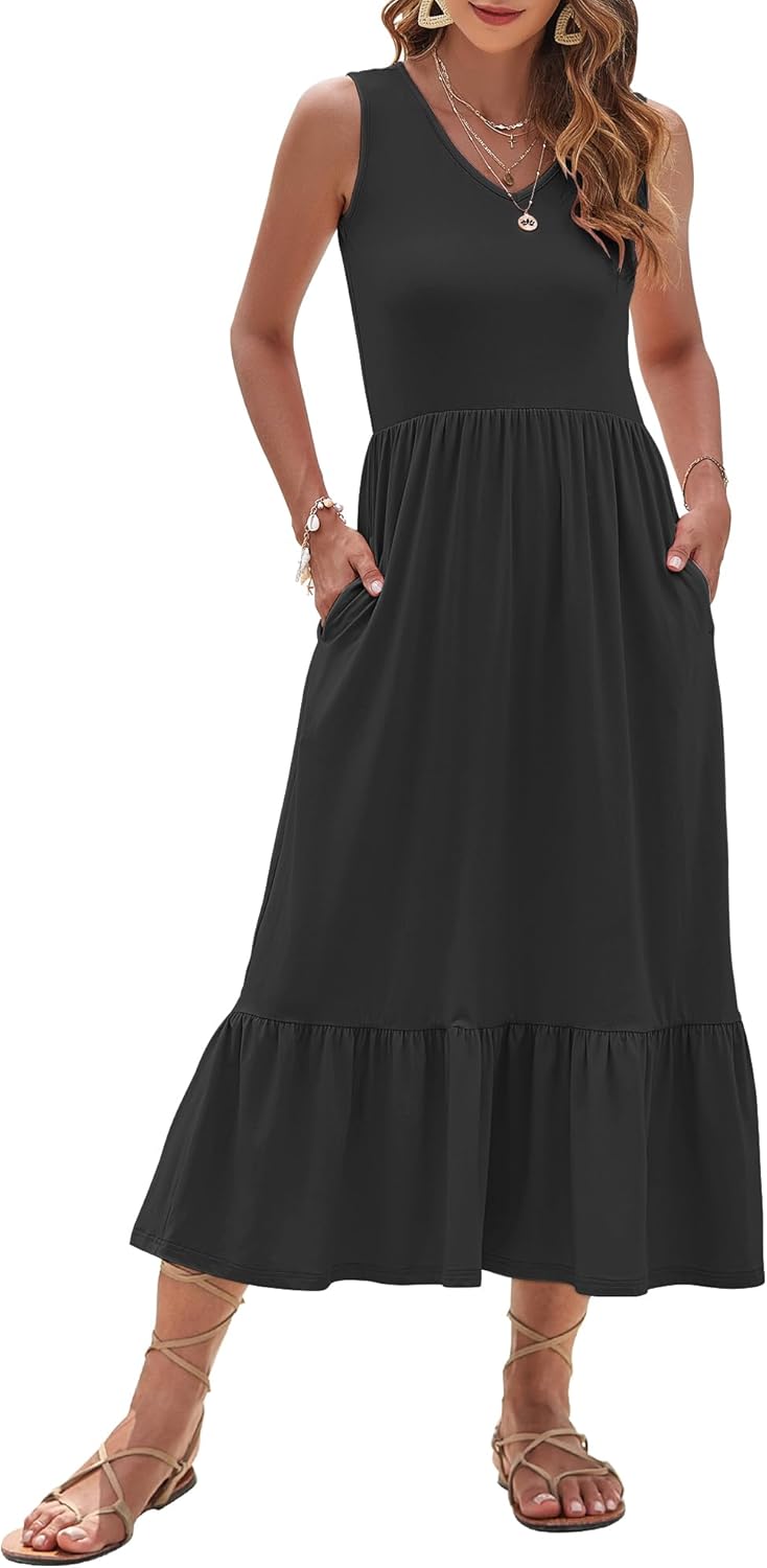 AUSELILY Womens Maxi Dress 2026 Sleeveless Summer Dresses V Neck Casual Tiered Sundresses with Pockets