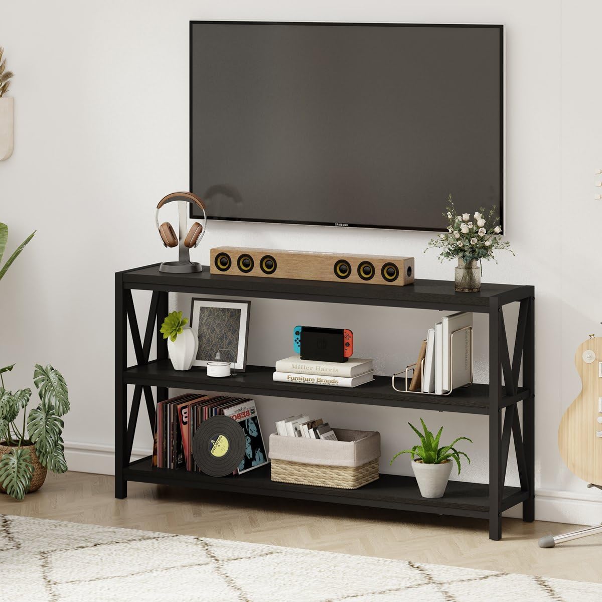 FATORRI Console Table for Entryway, Long Sofa Table with Shelves Under Window, Wood and Metal Hallway Tables for Foyer (55 Inch, Black)