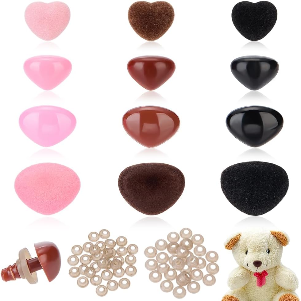 PH PandaHall 72 Set Triangle Shape Safety Noses, 3 Colors Crochet Flocking Nose 4 Size Plush Craft Making Noses with Washers Craft Nose Bulk Amigurumi Nose for DIY Puppet Plush Stuffed Animals Bear