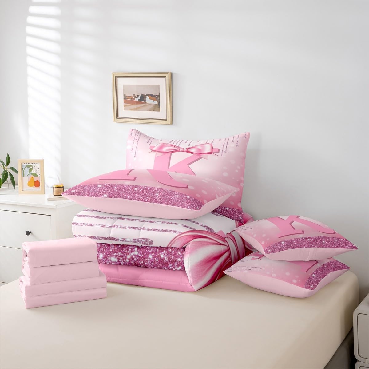 Erosebridal Kids Pink Bowknot 7 Pieces Bedding Set Full Size, Customized Initial K Bed in A Bag Princess Glitter Comforter Set with Sheets Teen Girl Bow Alphabet Bed Set Bedroom Letter Birthday Gifts