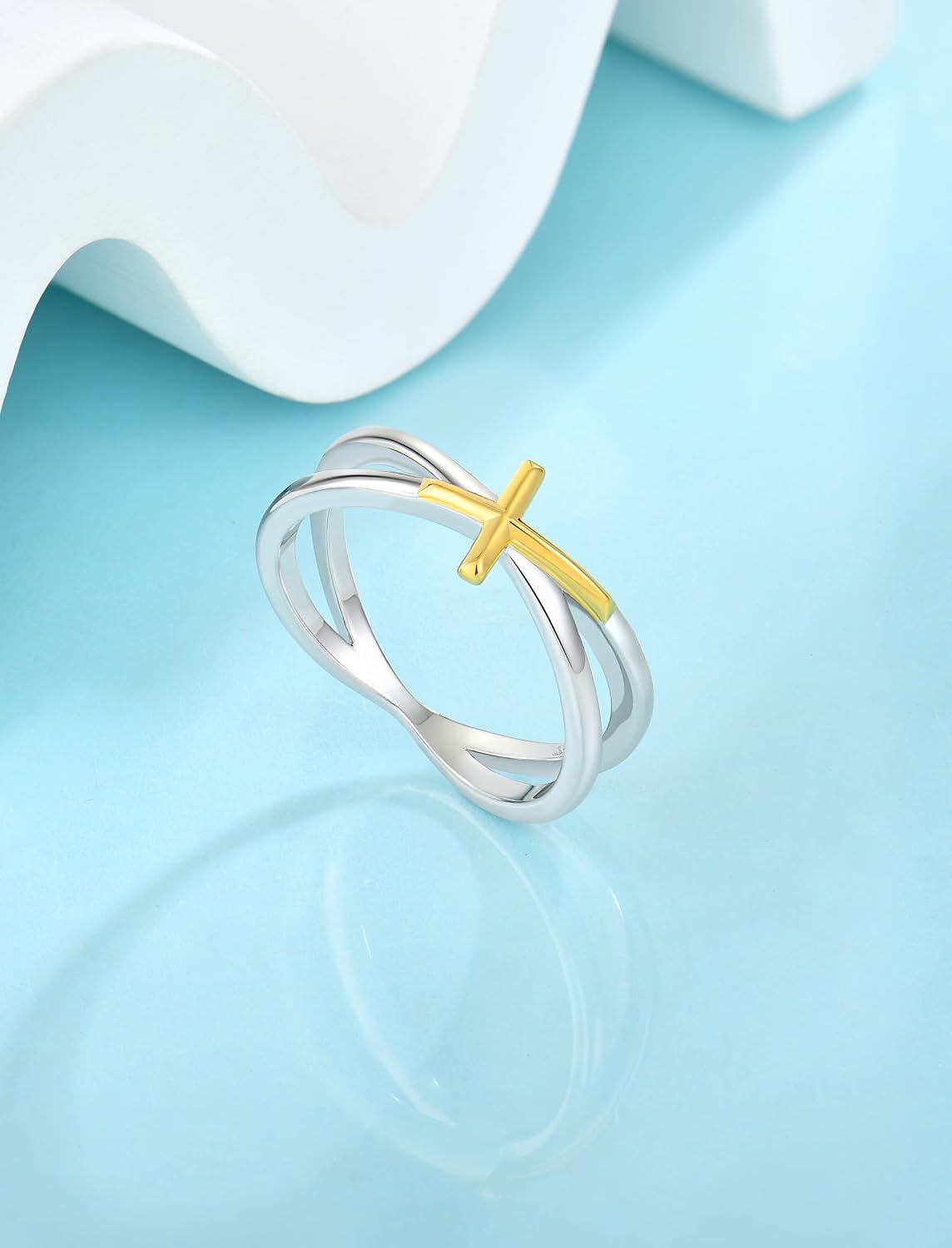 Cross Rings for Women Sterling Silver with White Gold-Tone and Yellow Gold-Tone Plated Statement Ring for Her - Size5-10