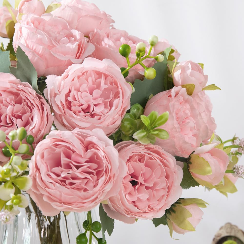 Artificial Peonies Silk Flowers in Glass Vase Faux Flowers Bouquets Modern Penoy Arrangement 4 Pack for Home Decoration Table Centerpiece (Pink)