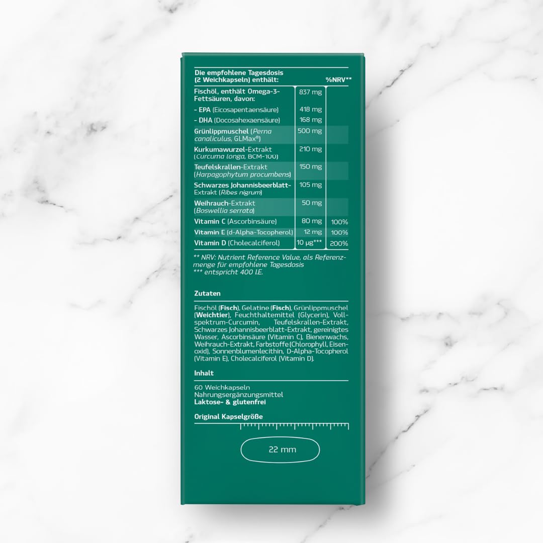 7-in-1 GLMax® Grünlippmuschel Premium – 60 Kapseln | Mit flüssiger Grünlippmuschel, Curcumin, Boswellia, Teufelskralle, Johannisbeerblatt, Vitaminen & Omega-3 | Für Knorpel, Gelenke & Zellschutz