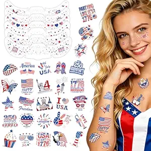 4th of July Glitter Freckles Face Tattoo 6Pcs & Patriotic Temporary Tattoos Stickers 50Pcs, 250th Independence Day Accessories, Red White Blue Face & Body Fake Tattoo Kit for Adults, Kids, Women