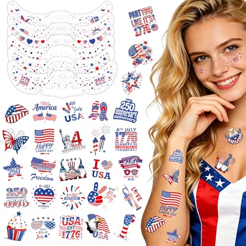 4th of July Glitter Freckles Face Tattoo 6Pcs & Patriotic Temporary Tattoos Stickers 50Pcs 250th Independence Day Accessories Red White Blue Face & Body Fake Tattoo Kit for Adult Kids Women Makeup