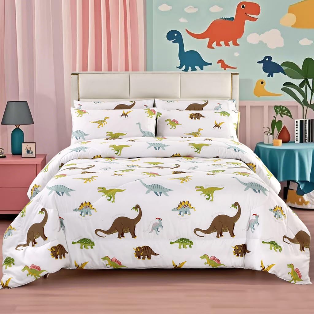 MAG 3Pcs Dinosaur Bedding Comforter Set, Dino White Base Twin Comforter Set,for Toddlers Kids,Boys Teens and Girls,Super Soft Microfiber, Twin Size (1 Comforter + 2 Pillowcases)